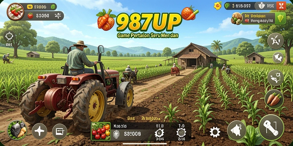 Screenshot utama 987UP menampilkan aktivitas bertani yang seru.