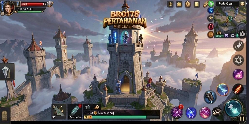 Tampilan gameplay BRO178 dengan menara dan musuh beragam.