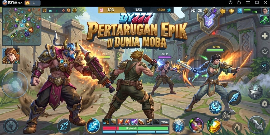 Tangkapan layar utama DY777 menampilkan aksi seru dalam pertandingan MOBA.