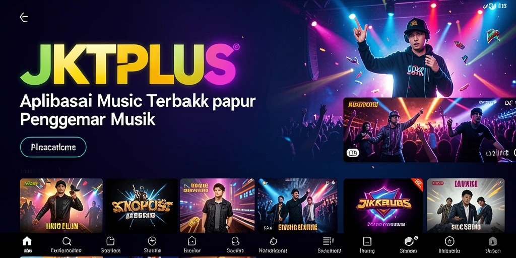 Tampilan utama JKTPLUS dengan berbagai pilihan lagu dan fitur menarik.