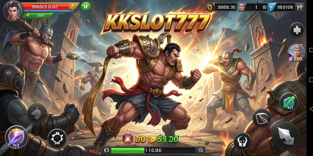 Screenshot gameplay KKSLOT777 menampilkan aksi pertarungan yang intens dan karakter yang dinamis.