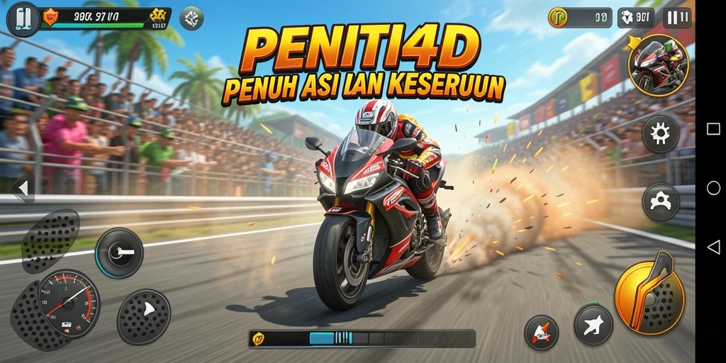 Tampilan gameplay PENITI4D yang mendebarkan dan penuh aksi balapan motor.