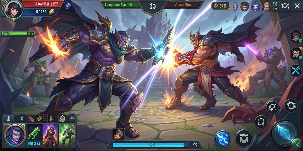 Screenshot utama RAJAWALI55 menampilkan aksi seru di arena MOBA.