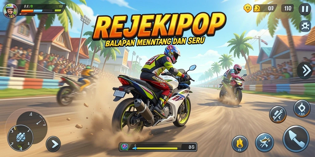 Screenshot gameplay REJEKIPOP dengan balapan motor yang menegangkan.