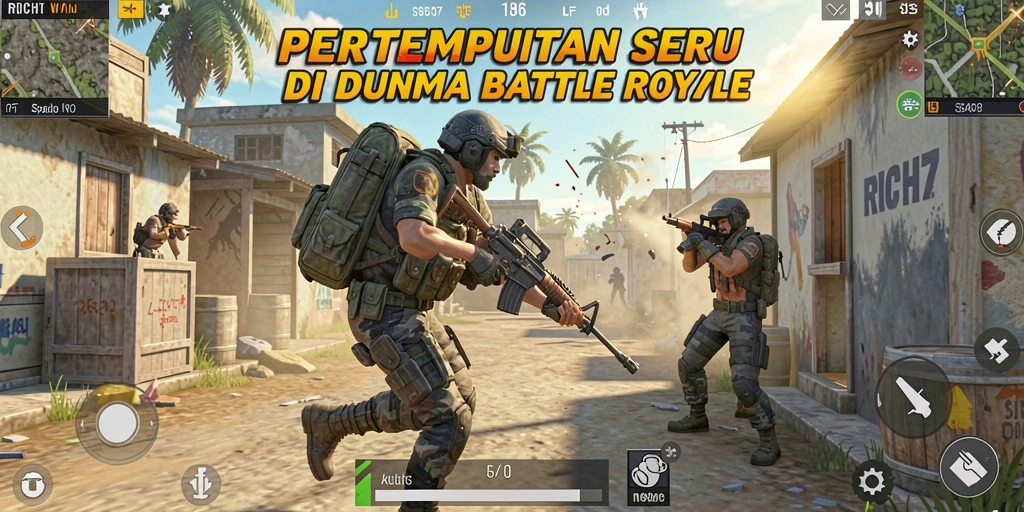 Screenshot RICH7 menampilkan pertempuran seru dalam arena Battle Royale.
